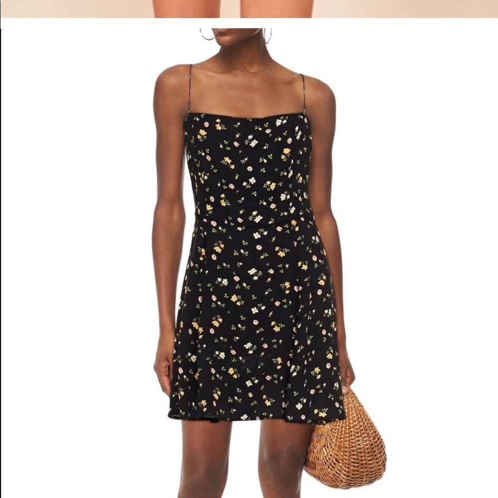 Reformation Black mini dress with yellow flowers